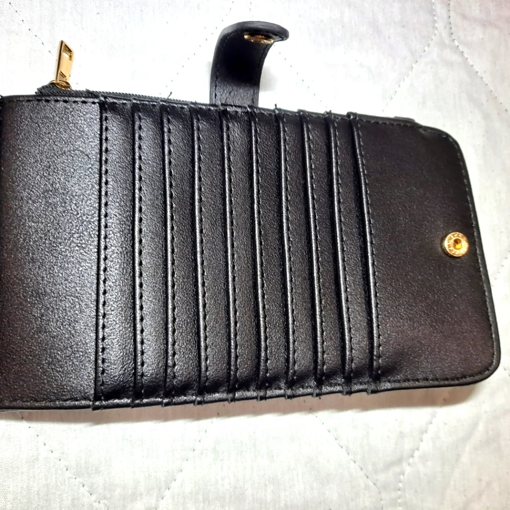 Tong Guang Purse Wallet 19 Credit Card Holder & 2 Zip Pockets Black/Gold Women's
